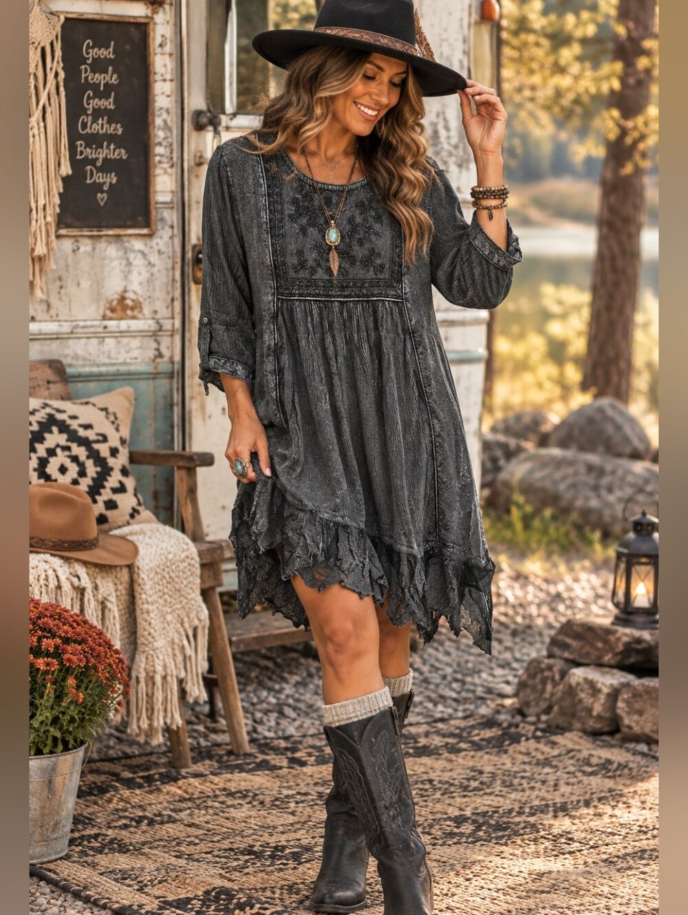 Young Threads Women's Large Charcoal Boho Embroidered Ruffle Hem Dress Floral